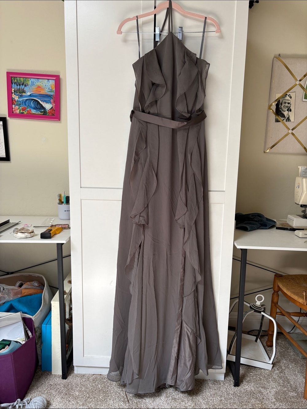 Vera wang Women's Taupe Ruffle Halter Maxi Dress grey